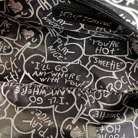 Betsey Johnson Quilted Black Lips Faux Leather Satchel Bag & Pom Poms Love Coll - Picture 10 of 14